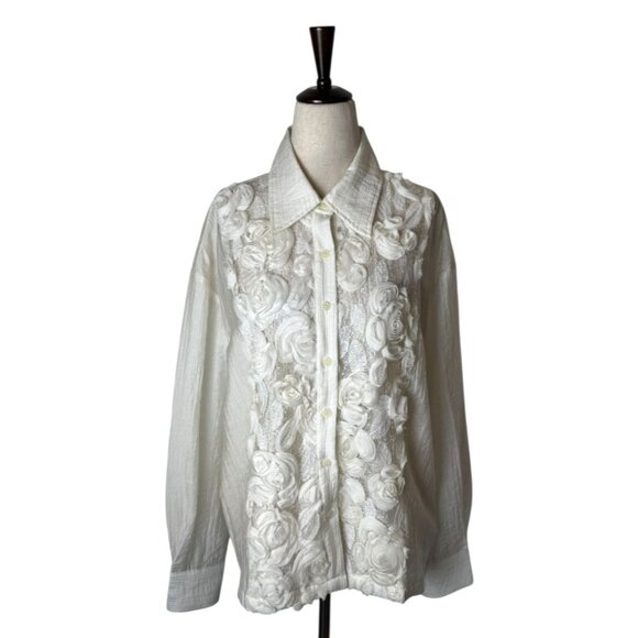 Anewsta Shirt Women Medium White 3D Floral‎ Button Down Blouse NWT Boho Elegant - Picture 2 of 13